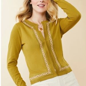Spartina 449 Mustard Cardigan with Embroidered Trim